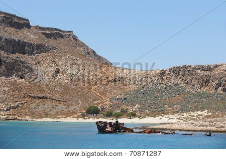 Shipwreck And Castle At Imery Gramvousa Bay. Crete. Greece