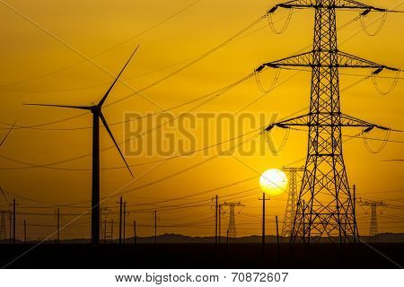 sunset over a windfarm, Sinkiang china.