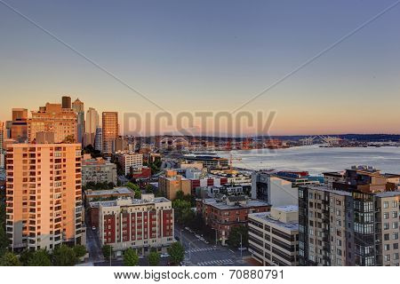 Scenic View Of Mountain Rainer During Sunset. Downtown And Port Of Seattle, Wa State