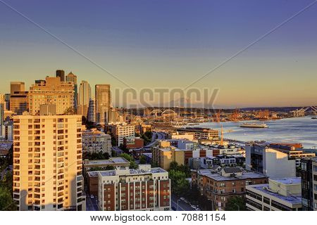Scenic View Of Mountain Rainer During Sunset. Downtown And Port Of Seattle, Wa State