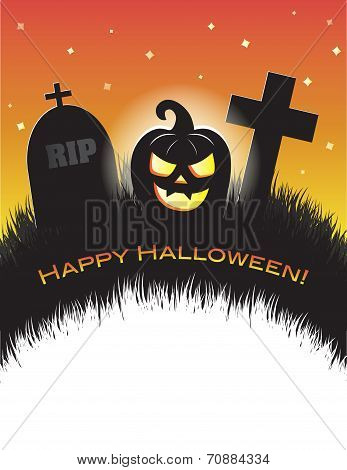 Halloween glowing jack-o-lantern in a graveyard