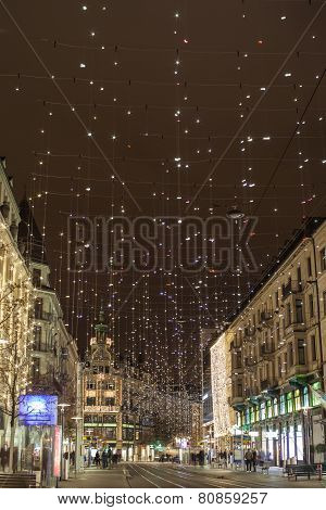 Star Light On Bahnhofstrasse In Zurich At Christmas Time