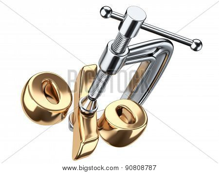 Clamp And Gold Percent Symbol. Discount Concept.