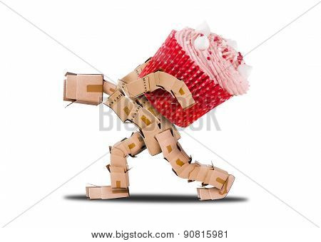 Box character carring a big cup cake on his back for a celebration