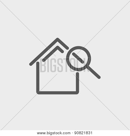 House and magnifying glass icon thin line for web and mobile, modern minimalistic flat design. Vector dark grey icon on light grey background.