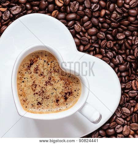 White Coffee Cup Heart Shaped With Cappucino