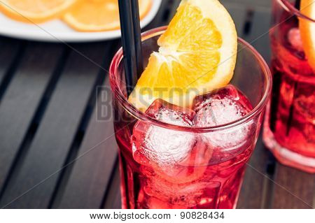 Top Of View Of Glasses Of Spritz Aperitif Aperol Cocktail With Orange Slices And Ice Cubes