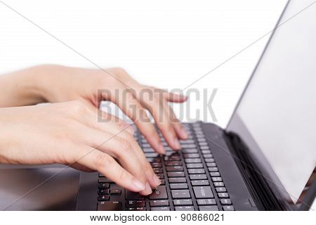 Closeup Of Women's Hands Touching Type Notebook (laptop) Keys During Work Business Isolated On White