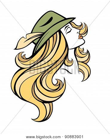 Vector Stylized Portrait Of Cartoon Pretty Fashion Blondie Girl With Long Hair In Hat Isolated On Wh