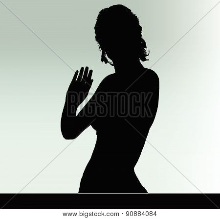 Woman Silhouette With Hand Gesture Greet