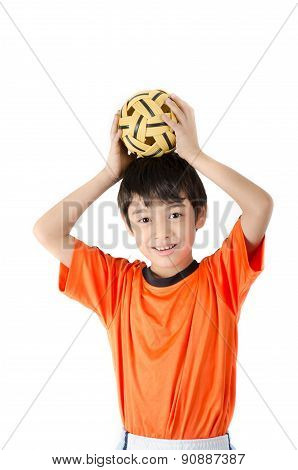Little Boy Taking Sepak Takraw On White Background