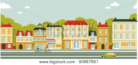 City panorama street background in flat style