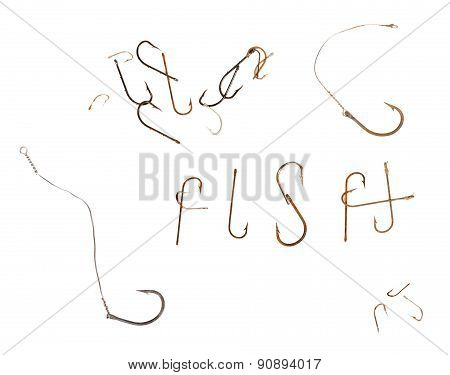 Word F I S H And Old Rusty Fish Hooks