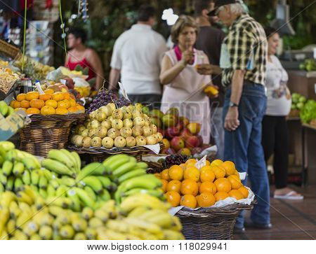 Funchal, Portugal - June 25: Fresh Exotic Fruits In Mercado Dos Lavradores.on June 25, 2015 In Madei