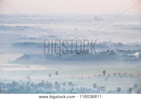Watercolor View Of Foggy Morning Landscape. Hpa An, Myanmar (burma)