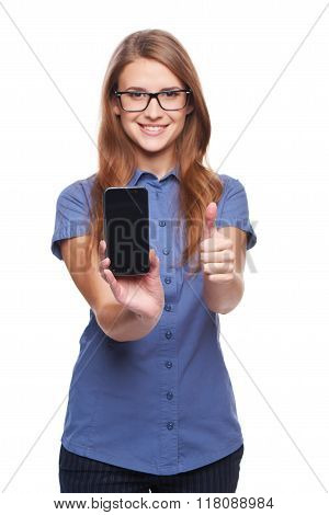 Woman showing blank black smart phone screen