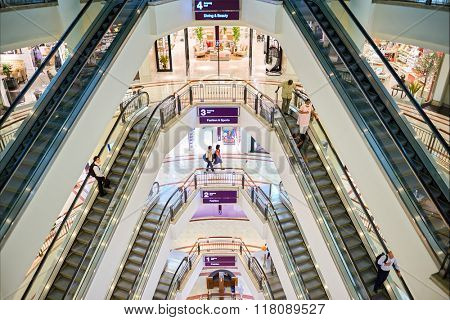 KUALA LUMPUR, MALAYSIA - APRIL 23, 2014: Suria KLCC shopping mall in Petronas Twin Towers. Suria KLCC is one of the largest shopping malls in Malaysia