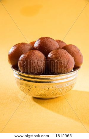sweet gulab jamun indian dessert, indian sweet, asian sweet dish gulab jamun served in a silver bowl