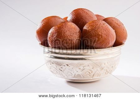 sweet gulab jamun indian dessert, indian sweet, asian sweet dish gulab jamun served in a silver bowl