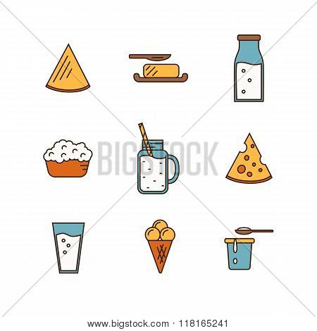 Dairy Product Icon Set. Milk, Cheese, Ice Cream, Butter and other Dairy Product. Different Milk Product in line style design. Organic farmers food. Organic food and dairy product concept. Milk product icon. Cartoon dairy product. Dairy icon.