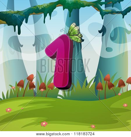 Number one with 1 butterfly in the garden illustration