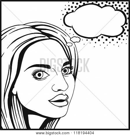 Vector Graphic Black And White Woman Thinking With Text Cloud Outlined Comic Style Illustration.
