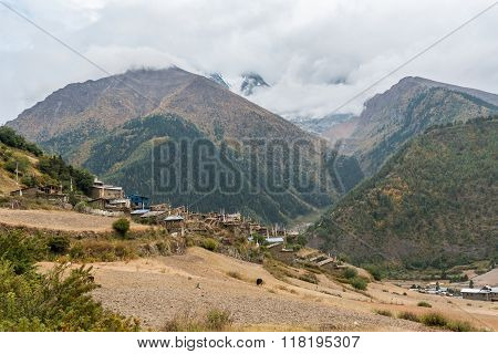 Traditional stone build village. Annapurna circuit in Nepal.