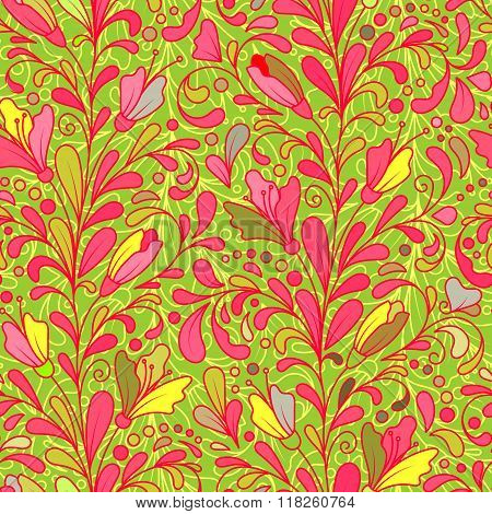 Fantasy flowers seamless pattern. Floral ornament  on bright bluebackground for fabric, textile, cards, wrapping paper, wallpaper template. Ornamental bright motif