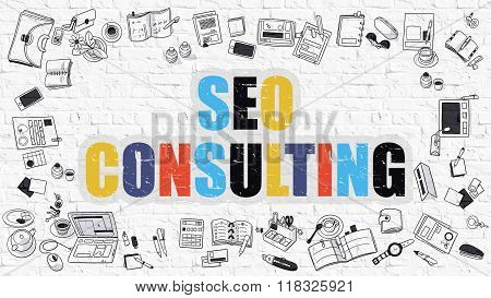 SEO Consulting in Multicolor. Doodle Design.