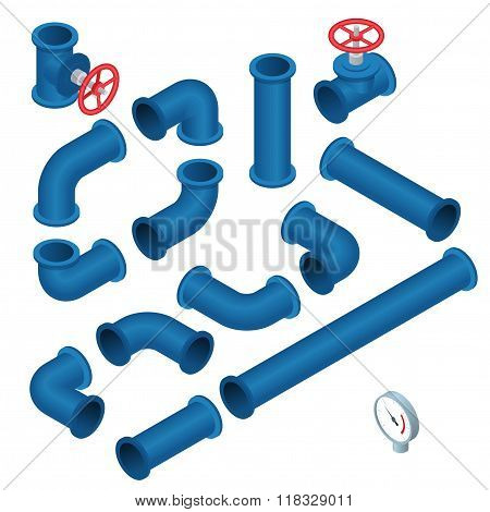 Vector 3d flat isometric illustration collection of detailed Construction Pieces pipes, fittings, ga