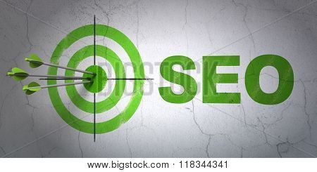 Web development concept: target and SEO on wall background