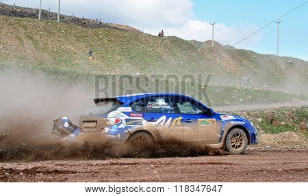 BAKAL, RUSSIA - AUGUST 8: Evgeny Vertunov's Subaru Impreza WRX (No. 1) competes at the annual Rally Southern Ural on August 8, 2008 in Bakal, Satka district, Chelyabinsk region, Russia.