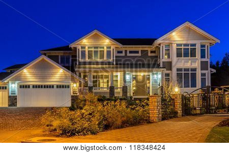 Luxury house at night in Vancouver, Canada.