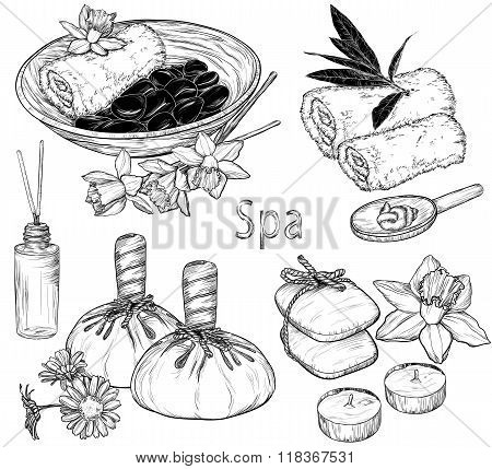 Set Of Spa Illustrations, Beauty And Health Care Sketch