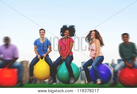 Diverse People Happiness Friendship Bouncing Ball Concept