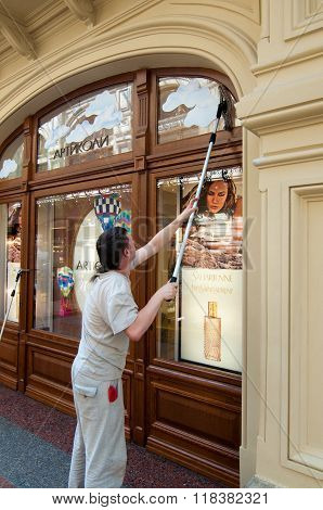 MOSKOW, Russian federation - may 05 2012, Cleaning glass in the shop, Moskow