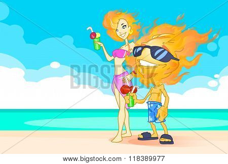 Sun Summer Couple Boy Girl Fire Head On Beach With Cocktail Cartoon Character