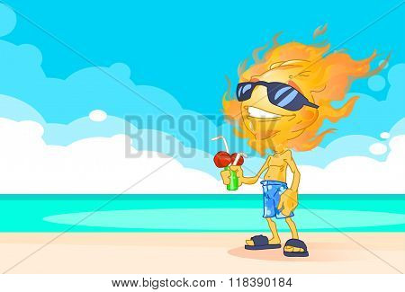 Sun Summer Boy Fire Head On Beach With Cocktail Cartoon Character