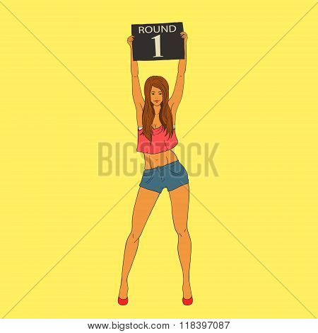 Boxing Ring Card Girl Holding A Board With The Inscription 1 Round.