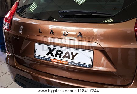 Back Part Of The New Russian Car Lada Xray. Lada Is A Russian Automobile Manufacturer