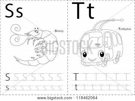 Cartoon Shrimp And Trolleybus. Alphabet Tracing Worksheet: Writing A-z And Educational Game For Kids