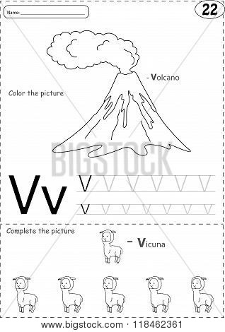 Cartoon Volkano And Vicuna. Alphabet Tracing Worksheet: Writing A-z And Educational Game For Kids