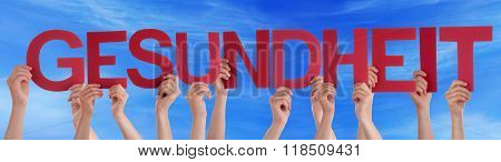 People Holding Straight German Word Gesundheit Means Health Blue