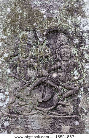 Historic Khmer Bas-relief Showing Dancing Hindu Godesses At Bayon Temple