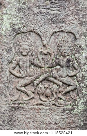 Historic Khmer Bas-relief Showing Dancing Hindu Godesses At Bayon Temple