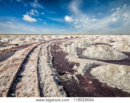 Ssalt mine with rails at Sambhar Lake, Sambhar, Rajasthan, India