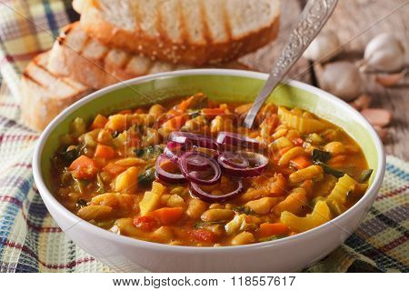 Thick Tuscan Soup Ribollita Close Up In A Bowl. Horizontal