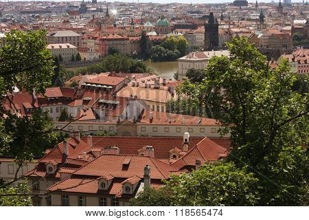 Houses with traditional red roofs in Prague Old Town Square in the Czech Republic 