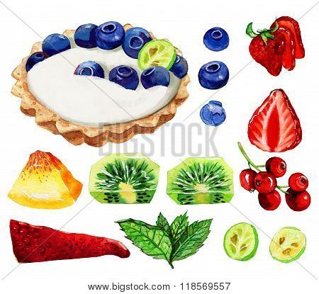 Tartalettes with blueberry, strawberry and mint leaves isolated on white