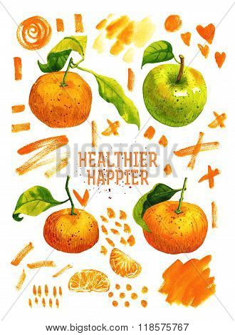 Watercolor poster with tangerines, green apple